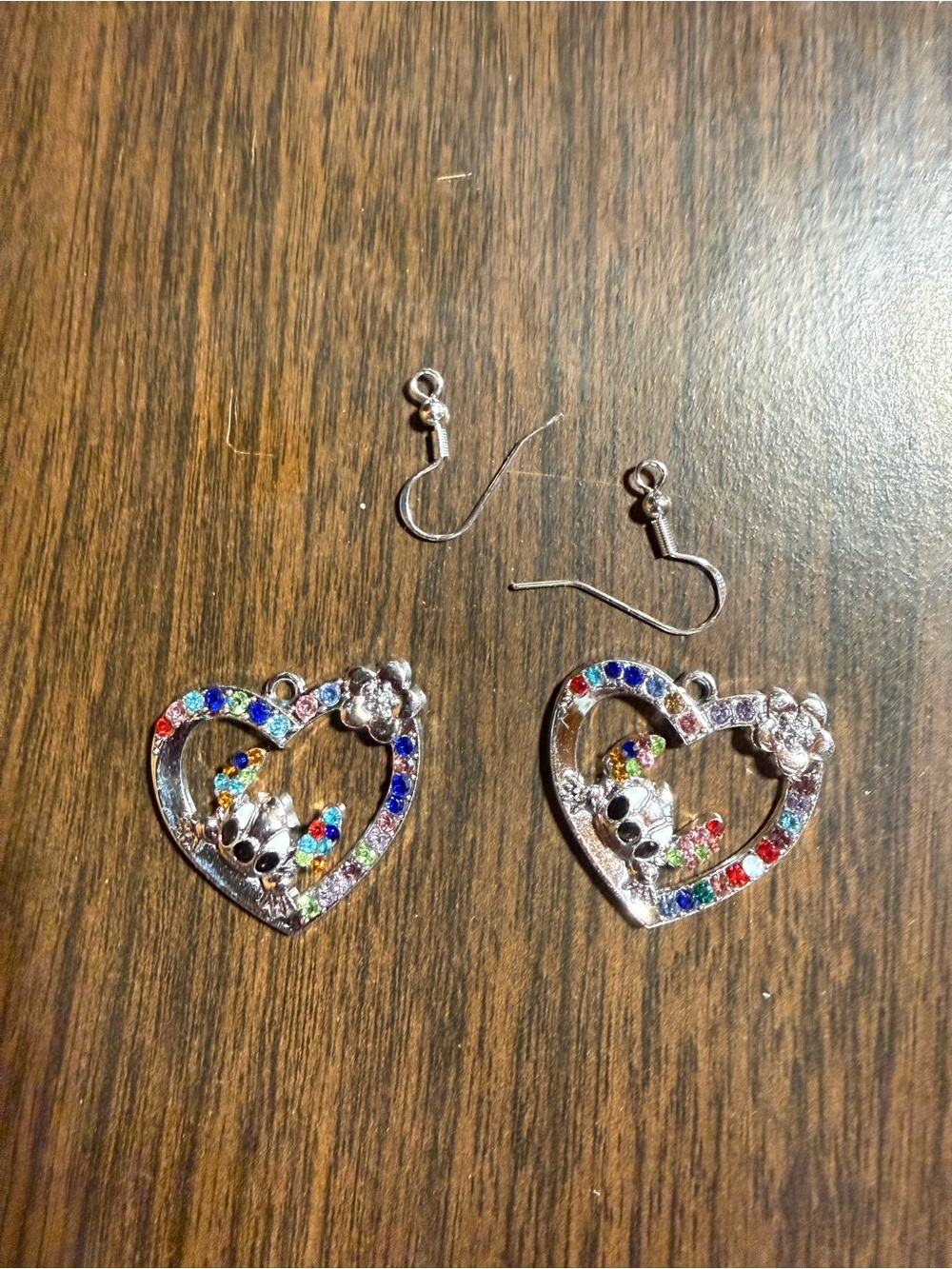 Stitch Character Silver Heart Drop Earrings with Multicolor Stones